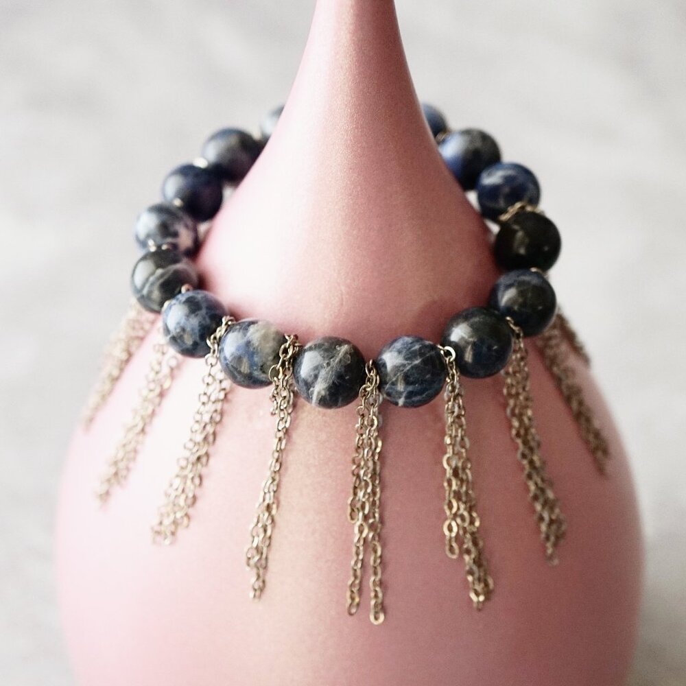 Soul Journey Gemstone Beaded Bracelet – Blue Sodalite with Gunmetal Chain Fringe